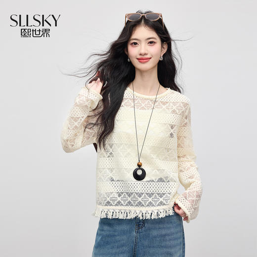 【08/06新品】熙世界波嬉风钩花镂空蕾丝罩衫长袖早秋新款休闲度假流苏圆领上衣 商品图0