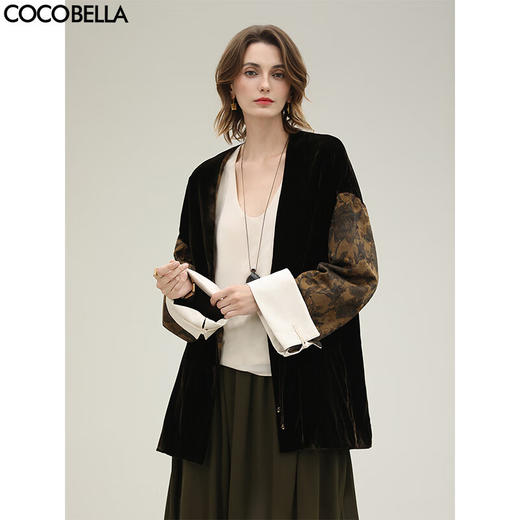COCOBELLA新中式提花缎面外套别致丹青丝绒袖国风上衣SC3203 商品图0