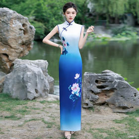 YD-4507高端走秀天蓝色长旗袍2025新款年轻大气显瘦高弹复古舞台表演出服