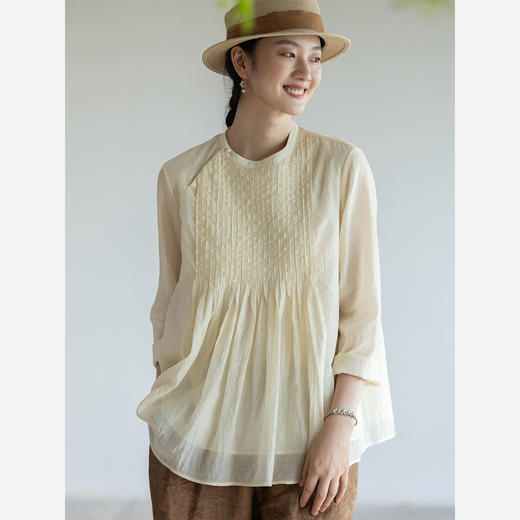 牧衣游原创 打条丝棉净色衬衫轻薄斜襟东方复古文艺宽松衬衣 十安 商品图1