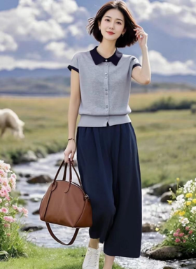 （预售8天发货）轻熟优雅冰丝针织衫上衣，九分阔腿裤套装LJX-536