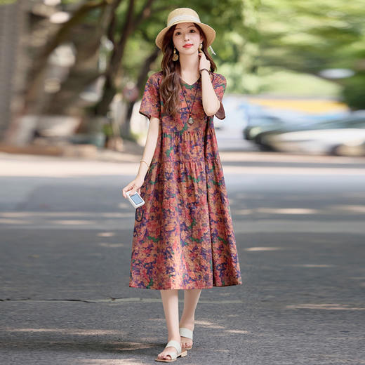 复古印花短袖棉麻连衣裙，优雅显瘦气质洋气减龄裙子HR-YWL1956 商品图3