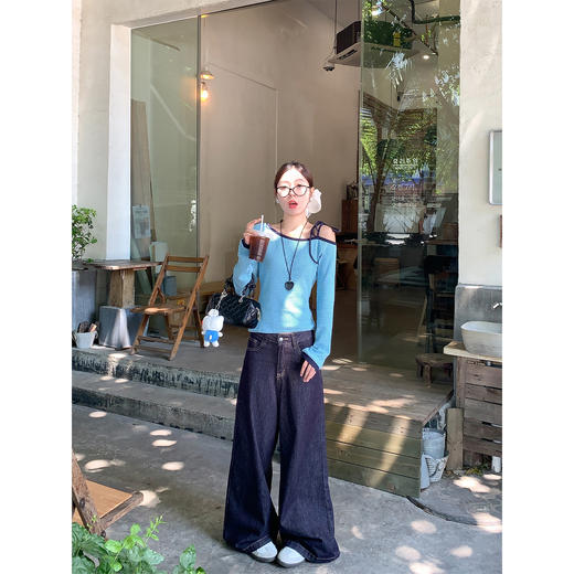 【129元任选2件】现货！蓝色条纹斜肩系带长袖T恤 商品图3