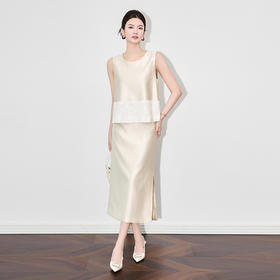 「高货wl」全新升级【铂金会员431/天猫579/差价148】(99427)洛诗琳法式优雅亮片刺绣马甲时尚天丝直筒半身裙两件套女