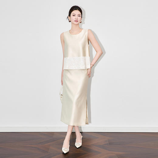 「高货wl」全新升级【铂金会员431/天猫579/差价148】(99427)洛诗琳法式优雅亮片刺绣马甲时尚天丝直筒半身裙两件套女 商品图0