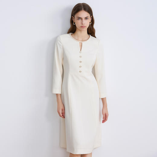 EITIE爱特爱气质法式优雅珍珠极简收腰白色连衣裙2025早秋新款C2507858 商品图1