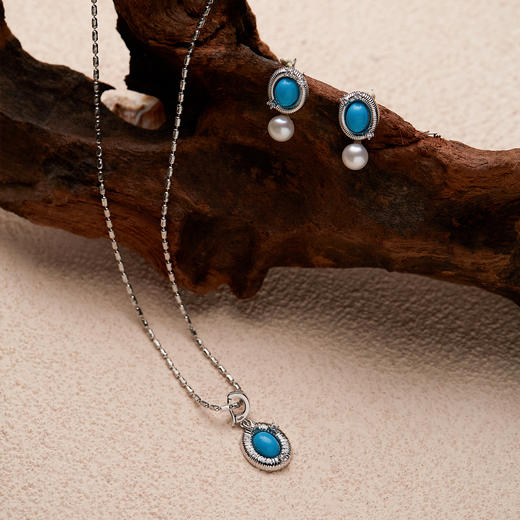 Manreya玛芮雅“青石松雾”绿松石项链珍珠耳钉首饰|合成蓝松，淡水珍珠 商品图2