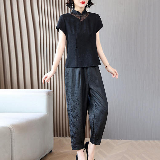 Ａ27977两件套夏桑蚕丝刺绣阔太太衬衣阔腿裤妈妈装时尚休闲套装 商品图0