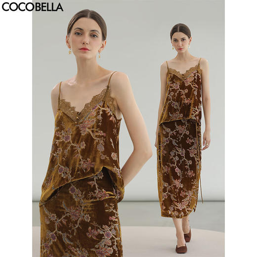 COCOBELLA新中式烧花丝绒吊带国风蕾丝拼接内搭V领背心VT0021 商品图0
