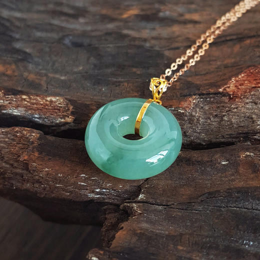 【天然正品】AU750黄金镶天然细腻冰种飘花平安扣翡翠吊坠项链 310325AH76 现售价：580特价 商品图4