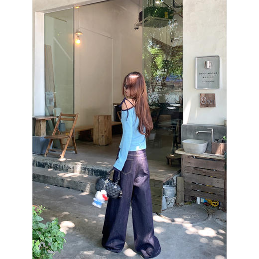 【129元任选2件】现货！蓝色条纹斜肩系带长袖T恤 商品图4