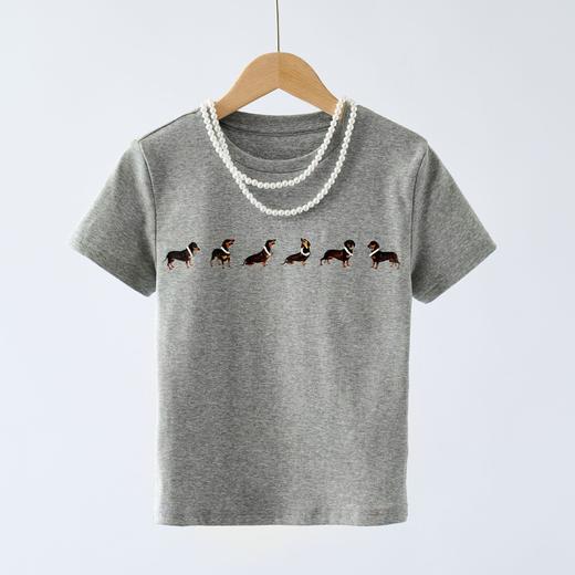 「自」全新升级【铂金会员146/天猫189/差价43】(21255)洛诗琳气质印花弹力棉质珍珠项链修身正肩圆领短袖T恤女 商品图4