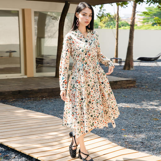 谜底花色连衣裙长袖2025秋季新款复古风抽象印花中长裙257ML7755 商品图1