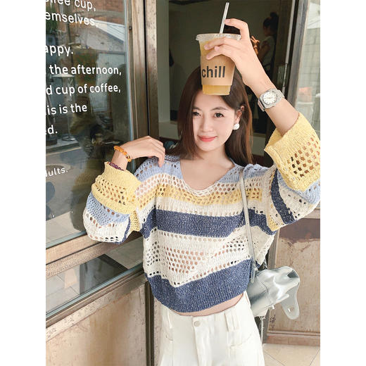 【129元任选2件】现货！韩系慵懒镂空钩花条纹针织衫 商品图0