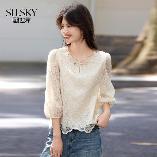 【08/06新品】熙世界法式贝壳装饰圆领蕾丝衫女2025早秋新款七分袖衬衫提花上衣 商品图0