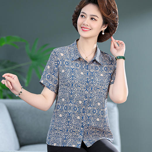 W592-2819-70-88中老年女夏装衬衣妈妈款短袖衬衫仿真丝仿桑蚕丝小个子短款上衣薄 商品图0