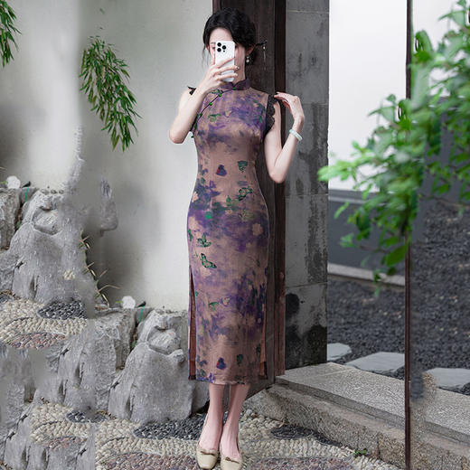 SC21780紫色显瘦国风新中式长款改良旗袍2025新款少女老上海复古修身夏季 商品图4