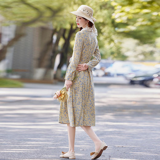 法式碎花衬衫连衣裙2025年秋装新款高腰显瘦翻领印花中长款裙SYY2513 商品图3