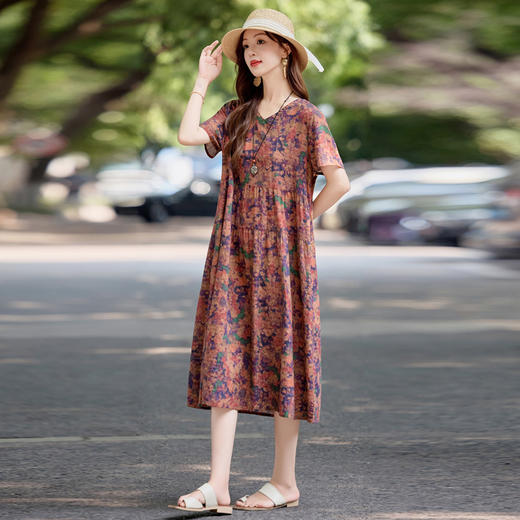 复古印花短袖棉麻连衣裙，优雅显瘦气质洋气减龄裙子HR-YWL1956 商品图0