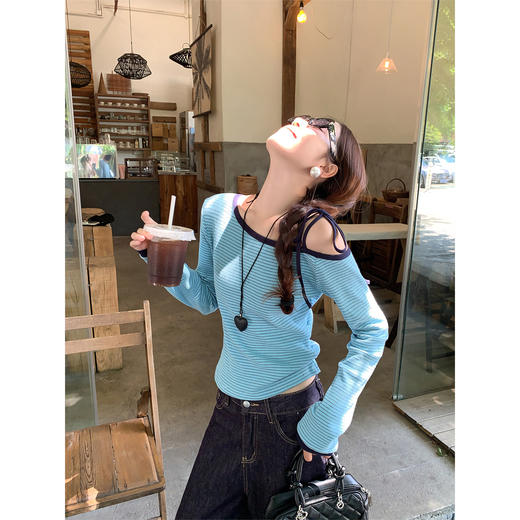 【129元任选2件】现货！蓝色条纹斜肩系带长袖T恤 商品图1