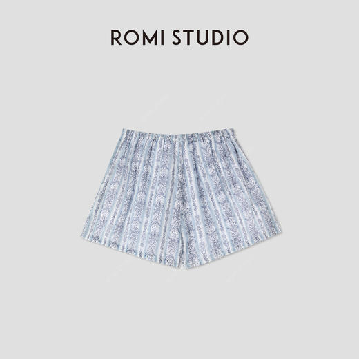 ROMI STUDIO 100%苎麻复古印花松紧抽绳浅蓝色休闲短裤RWCRX84292 商品图1