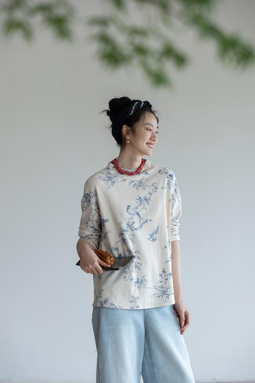 牧衣游原创印花纯棉T恤早秋新品素雅文艺圆领宽松百搭长袖 寻茶归 商品图5