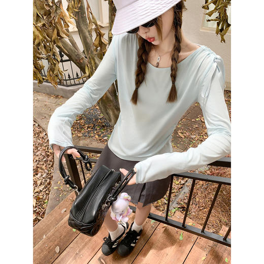 【110元任选2件】现货！抽绳绑带大领口长袖T恤女修身 商品图3