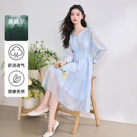 西遇法式薄纱长袖连衣裙女新款蓝色a字收腰v领长裙D0050489