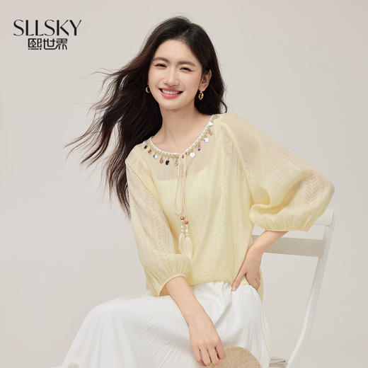 【08/06新品】熙世界出游度假风贝壳装饰七分袖衬衫女2025初秋新款圆领宽松上衣 商品图0