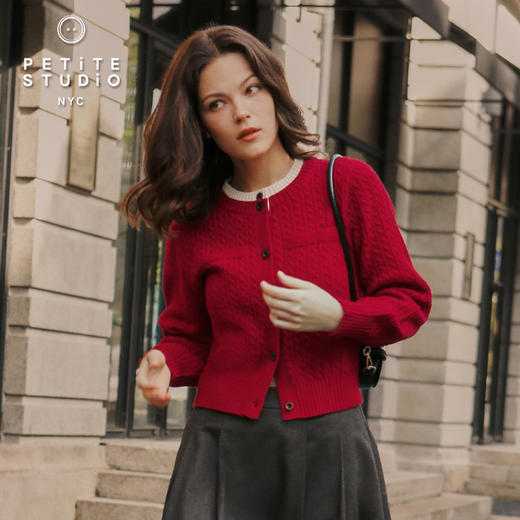 Petite Studio 25秋 Carmina红色法式针织衫miu系撞色开衫外套 商品图0