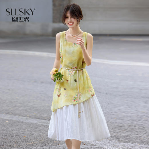 【周末秒杀】熙世界「碟恋花」轻国风假两件印花方领背心连衣裙女2025夏季新款 商品图0