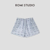 ROMI STUDIO 100%苎麻复古印花松紧抽绳浅蓝色休闲短裤RWCRX84292 商品缩略图0