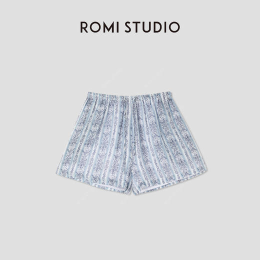 ROMI STUDIO 100%苎麻复古印花松紧抽绳浅蓝色休闲短裤RWCRX84292 商品图0