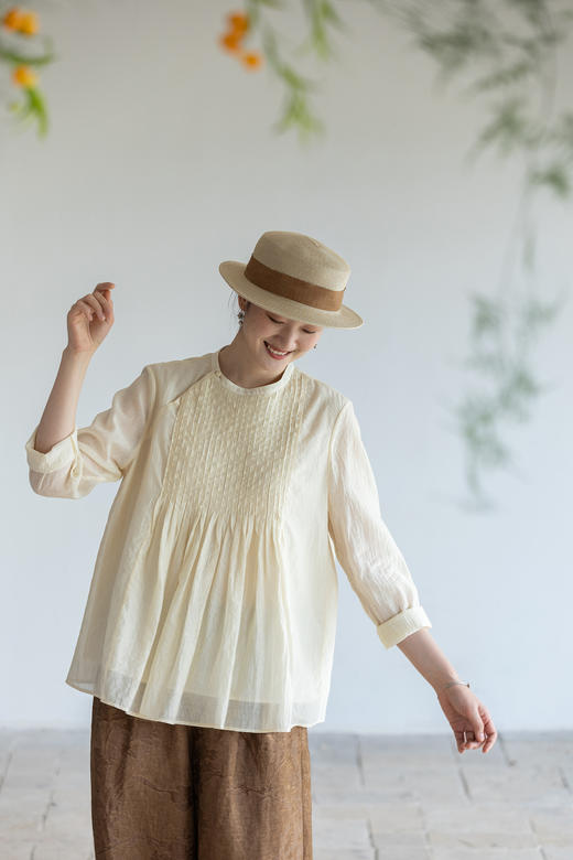 牧衣游原创 打条丝棉净色衬衫轻薄斜襟东方复古文艺宽松衬衣 十安 商品图5