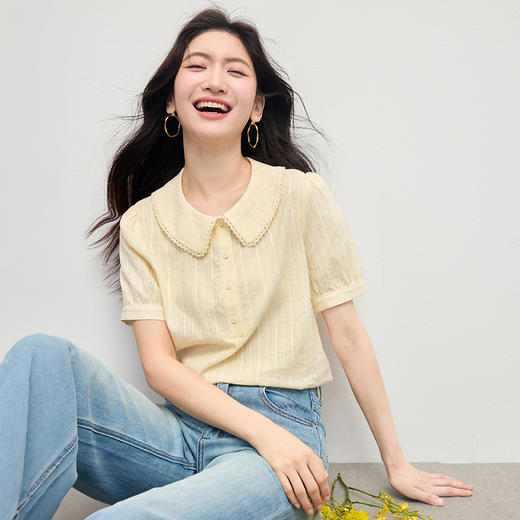 熙世界法式田园风娃娃领衬衫女2025夏新款通勤减龄泡泡袖纯棉上衣 商品图3