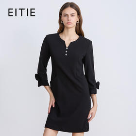 EITIE爱特爱早秋黑色V领袖口手工立体花连衣裙2025秋季新款C2507830