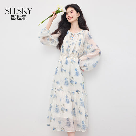 【08/06新品】熙世界高级感蓝色碎花连衣裙女2025早秋新款气质收腰长袖雪纺裙子 商品图0