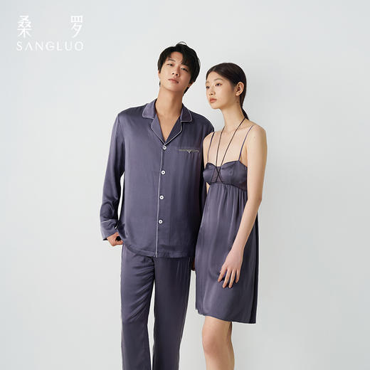 儒雅男士』桑罗深紫灰长袖睡衣套装100%桑蚕丝简约男家居服可外穿 商品图4