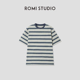 ROMI STUDIO“随性自我”宽松撞色条纹休闲棉涤短袖T恤RWCAS65324 