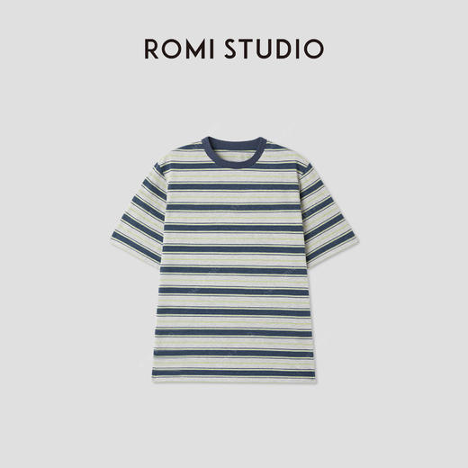 ROMI STUDIO“随性自我”宽松撞色条纹休闲棉涤短袖T恤RWCAS65324  商品图0