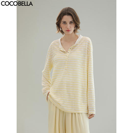 COCOBELLA慵懒休闲亨利领条纹针织衫女微透长袖T恤TS7058 商品图0