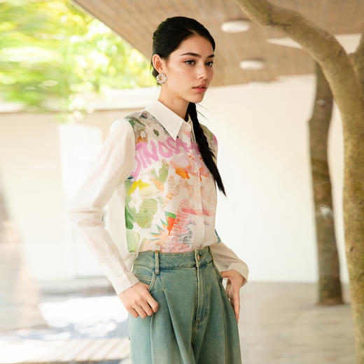 谜底花色衬衫长袖女士2025秋季新款复古风拼接修身衬衣257MC7788 商品图1