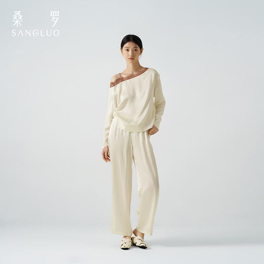 梦幻蕾丝』桑罗不对称斜领套装100%桑蚕丝长袖家居服女可外穿 商品图0