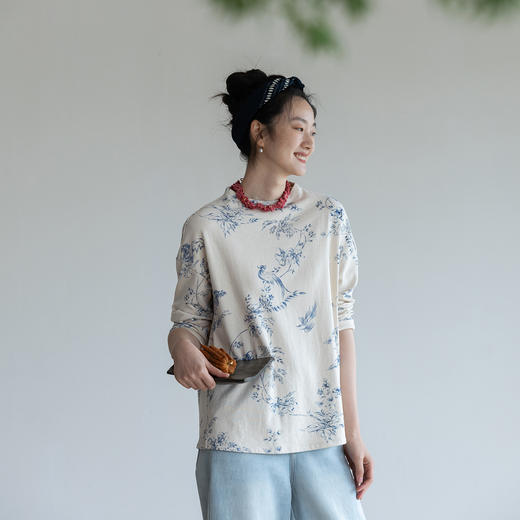 牧衣游原创印花纯棉T恤早秋新品素雅文艺圆领宽松百搭长袖 寻茶归 商品图0