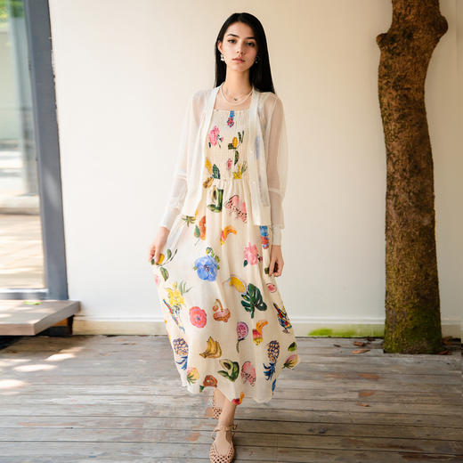 谜底苎麻连衣裙长裙2025秋季新款复古水果印花吊带裙子257ML7843 商品图0