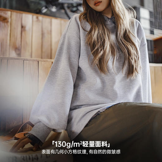 马登华夫格灯笼袖长袖t恤卫衣宽松外穿套头落肩圆领上衣秋款女士 商品图3