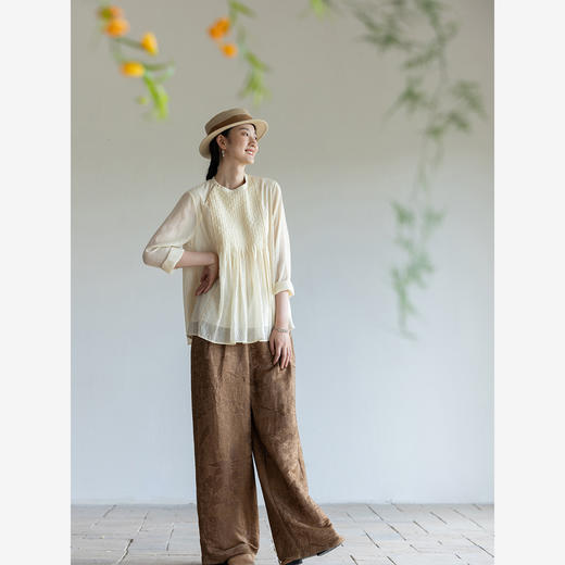 牧衣游原创 打条丝棉净色衬衫轻薄斜襟东方复古文艺宽松衬衣 十安 商品图2