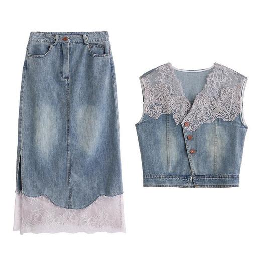 高级感港风复古牛仔设计感2025年夏季蕾丝拼接马甲半身裙两件套BBL2570 商品图4