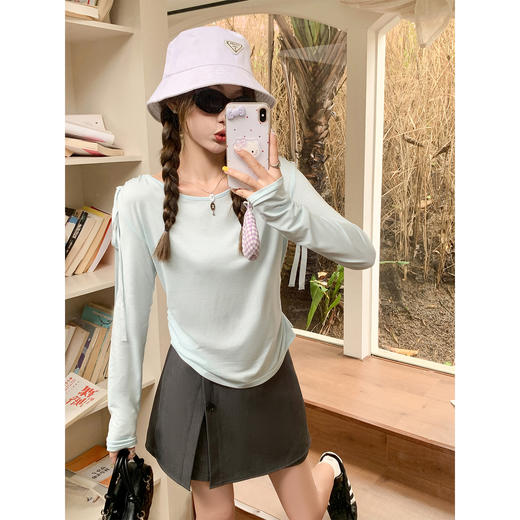 【110元任选2件】现货！抽绳绑带大领口长袖T恤女修身 商品图1