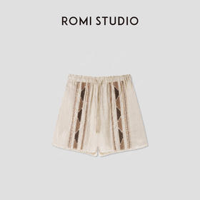 ROMI STUDIO 复古民族风重工刺绣松紧腰亚麻休闲短裤 RWCRXJ2825